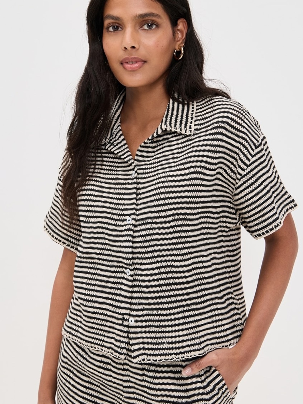 Z SUPPLY Monaco Crochet Button Up Black and Cream Striped Short-Sleeve Small - Picture 2 of 16